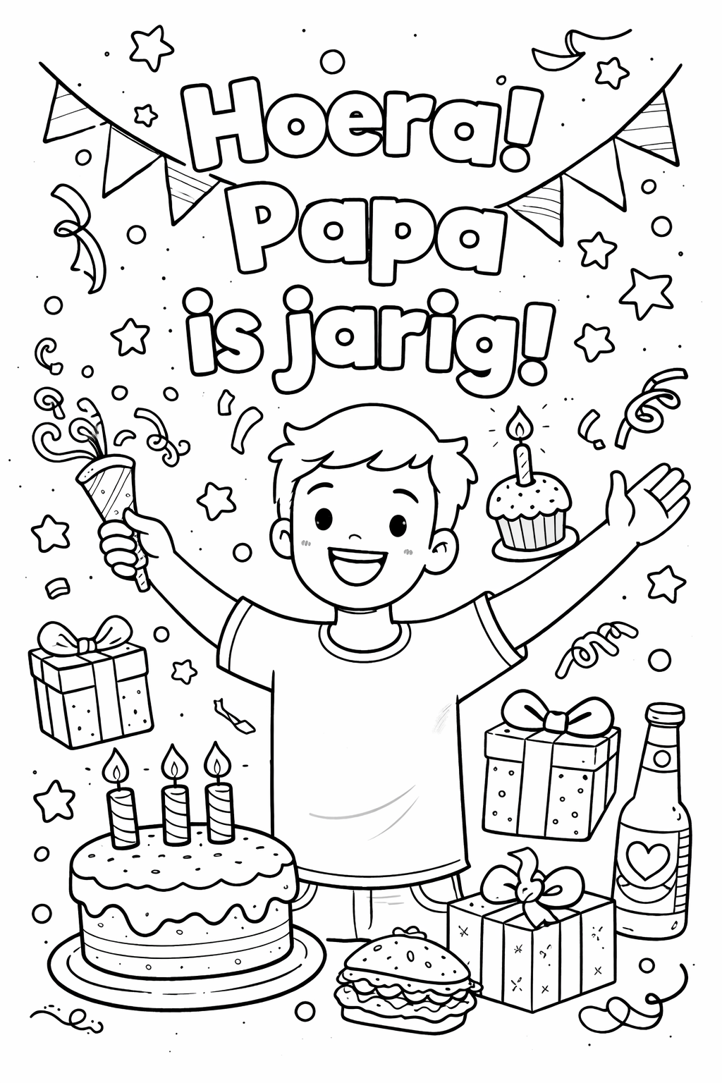 Kleurplaat verjaardagskaart voor papa met taart en cadeautjes