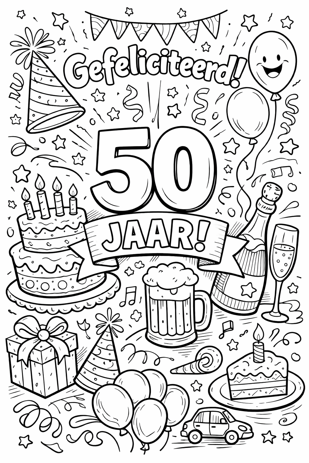 Kleurplaat verjaardagskaart 50 jaar met taart en ballonnen
