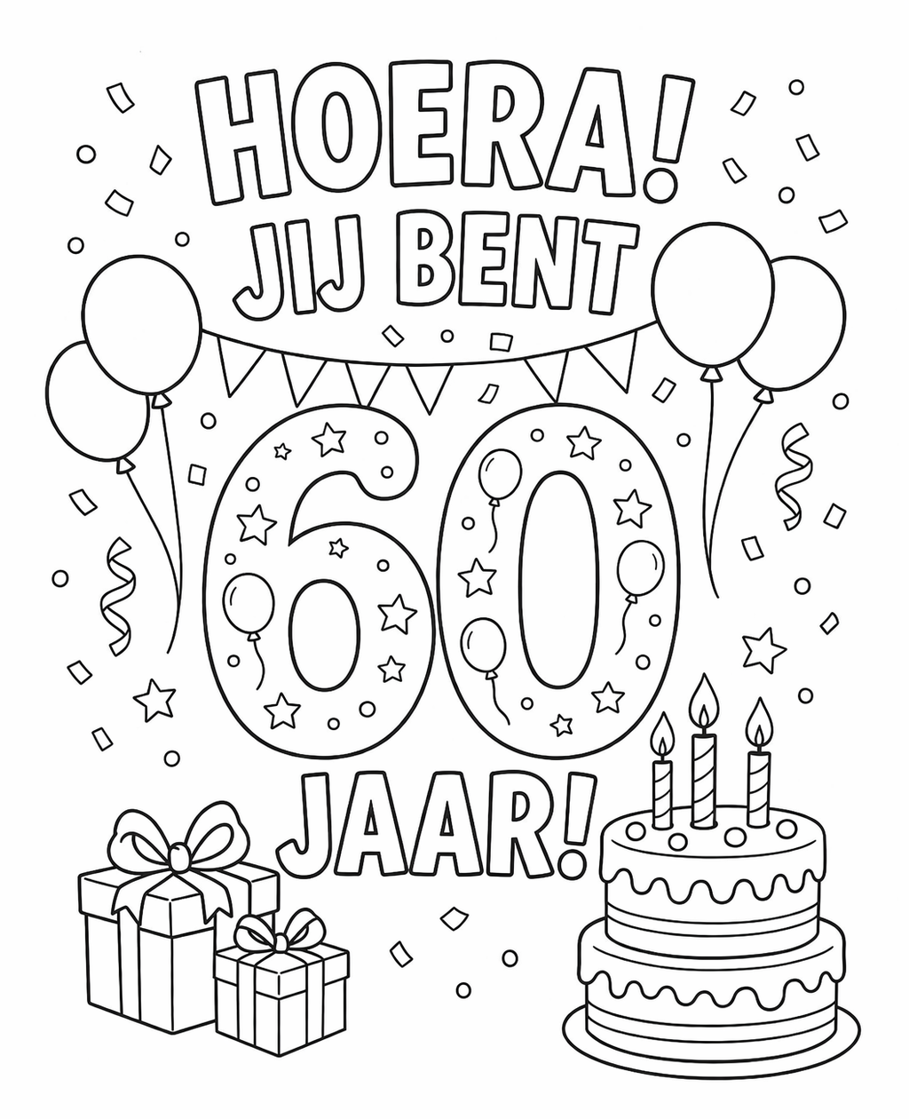 Kleurplaat 60 jaar feest — Een uitbundige tekst 'Hoera