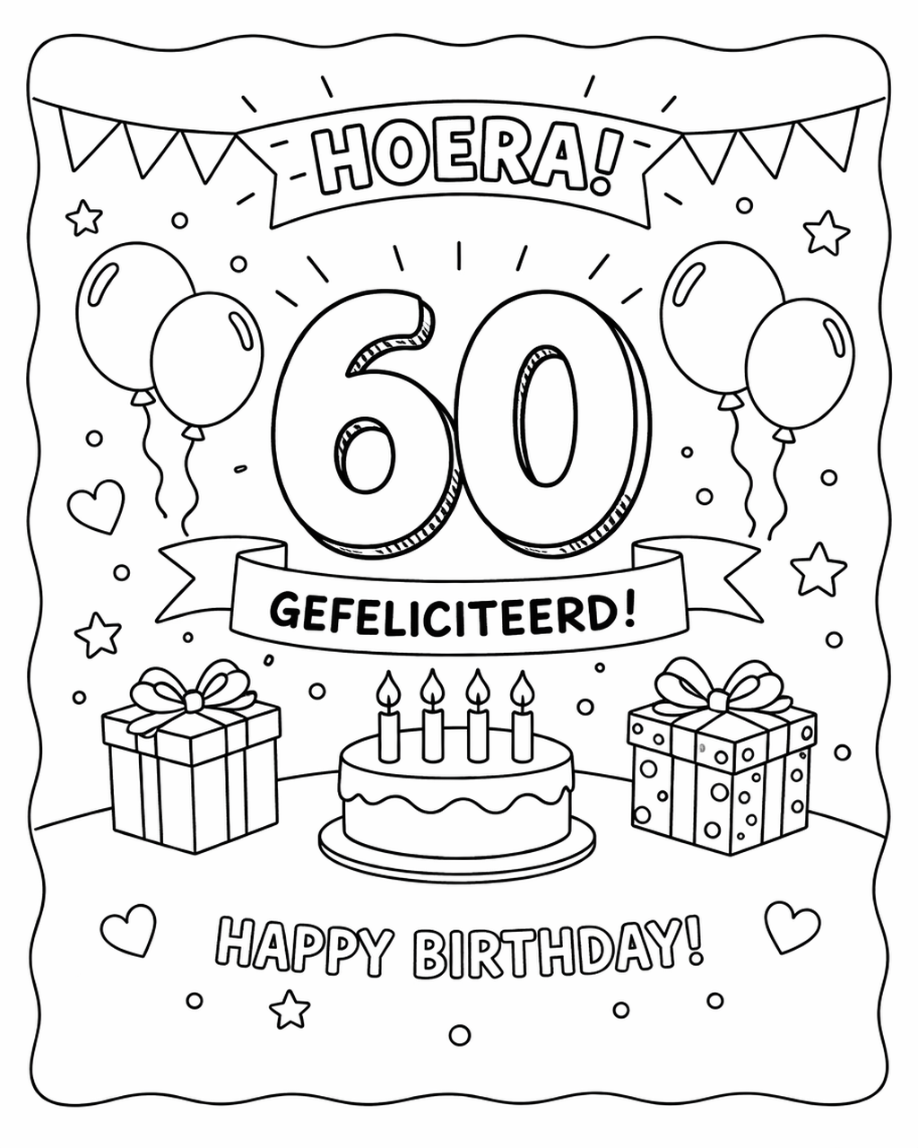 Kleurplaat verjaardagskaart 60 jaar met ballonnen en taart