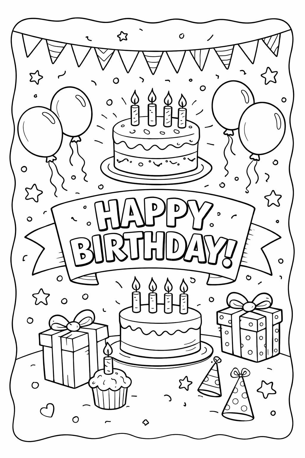 Kleurplaat Verjaardag happy birthday. Onder een wapperende vlaggenlijn staat groot 'HAPPY BIRTHDAY!' geschreven tussen…