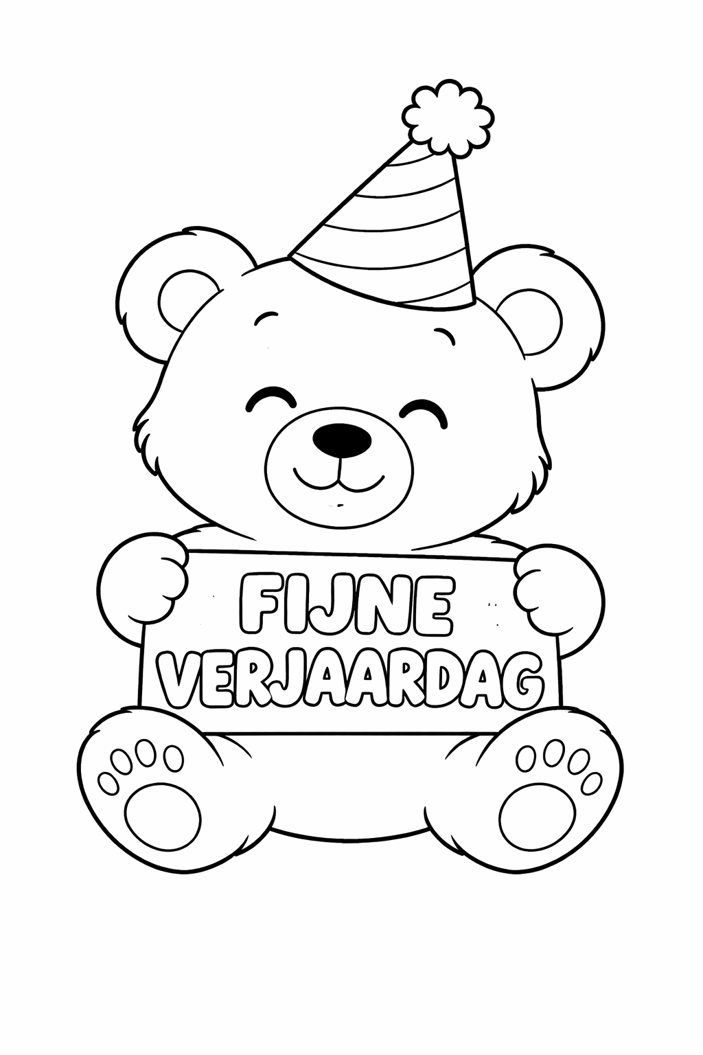 Kleurplaat Verjaardag beertje: Een knuffelig beertje met een gestreept feestmutsje op zijn kop houdt een groot bord vast met…