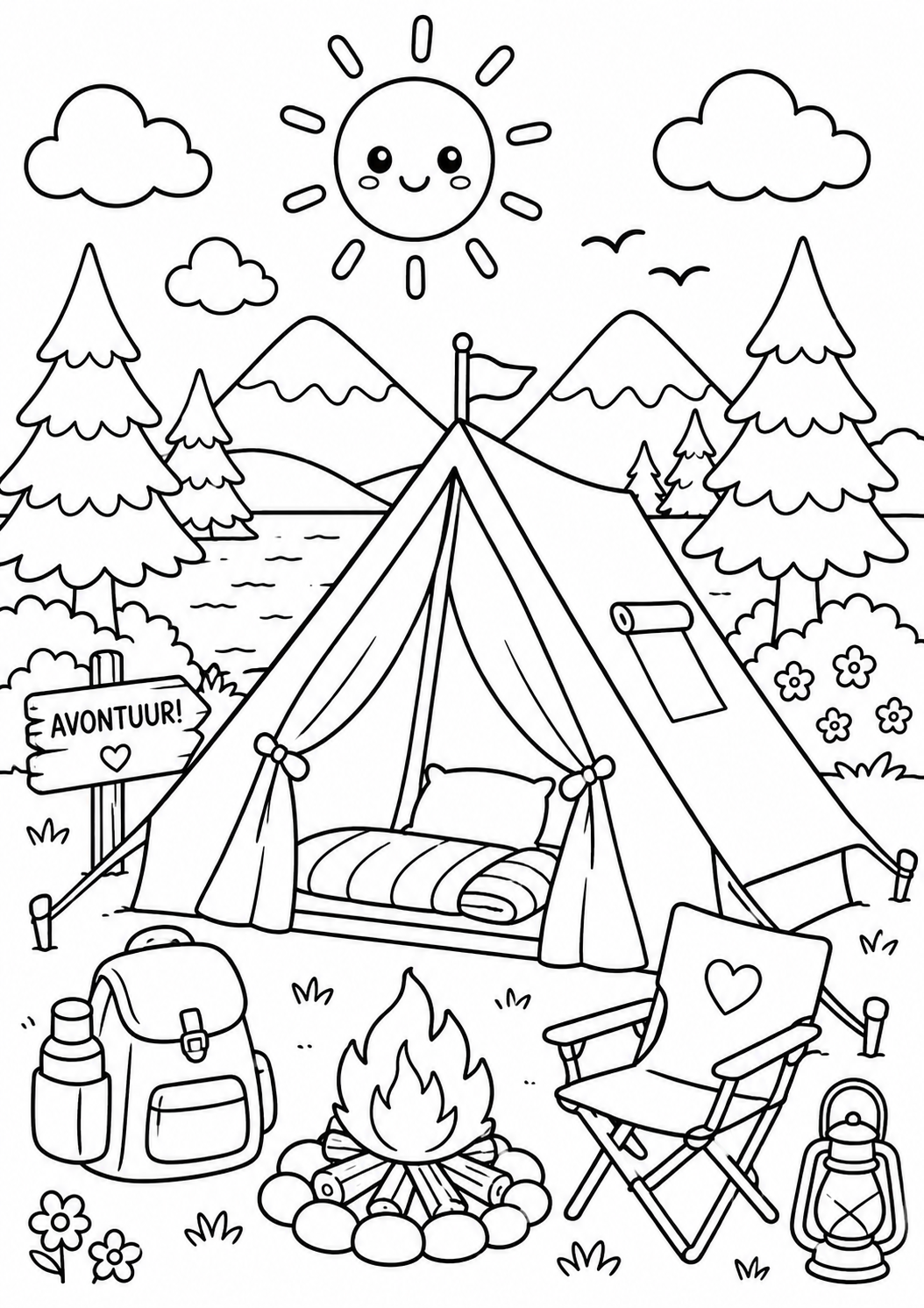 Kleurplaat zomer kamperen tent