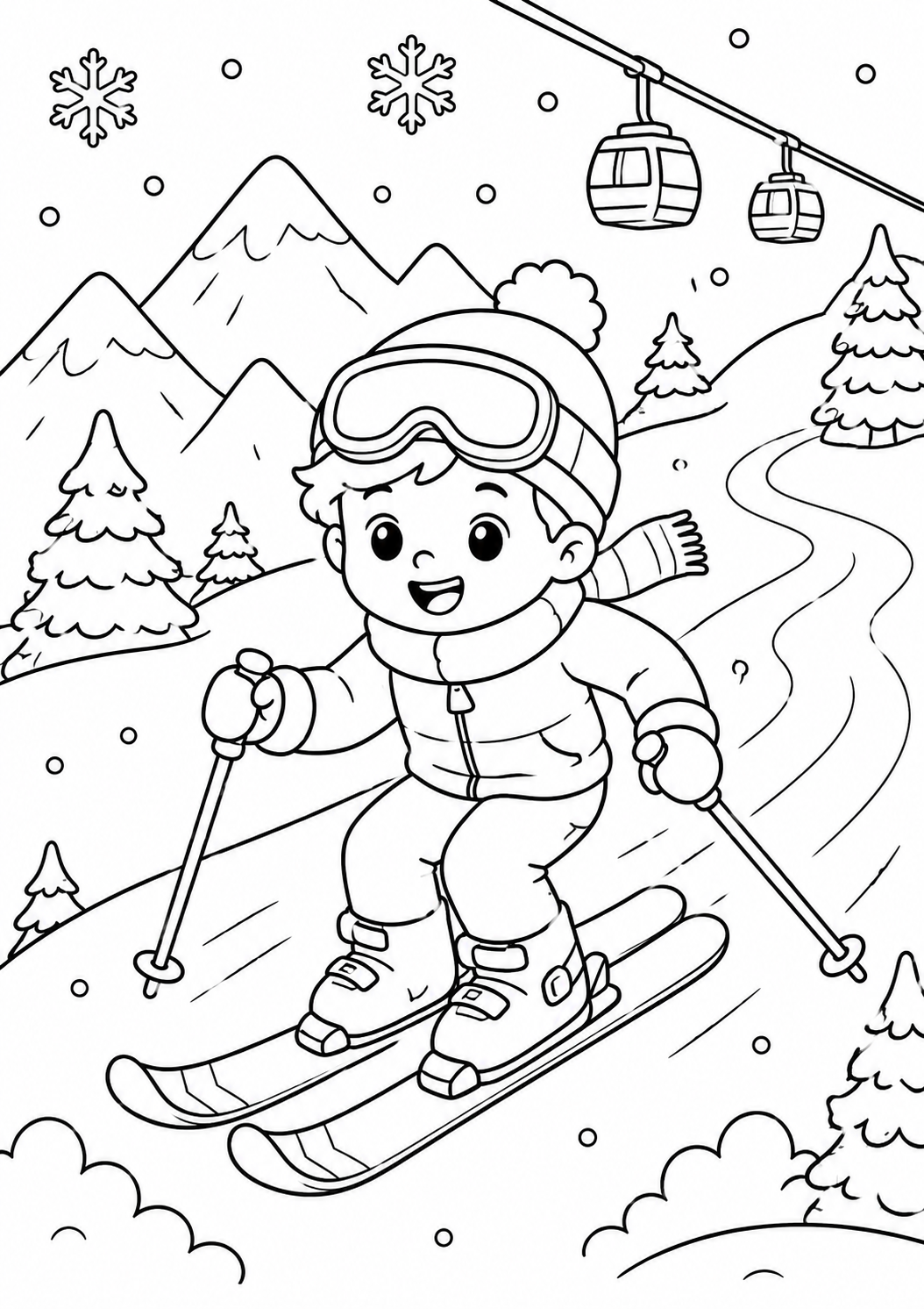 Gratis kleurplaat winter skiën: Een jongen met een skibril, muts en sjaal skiet vol vaart de berg af, met een kabelbaan die…
