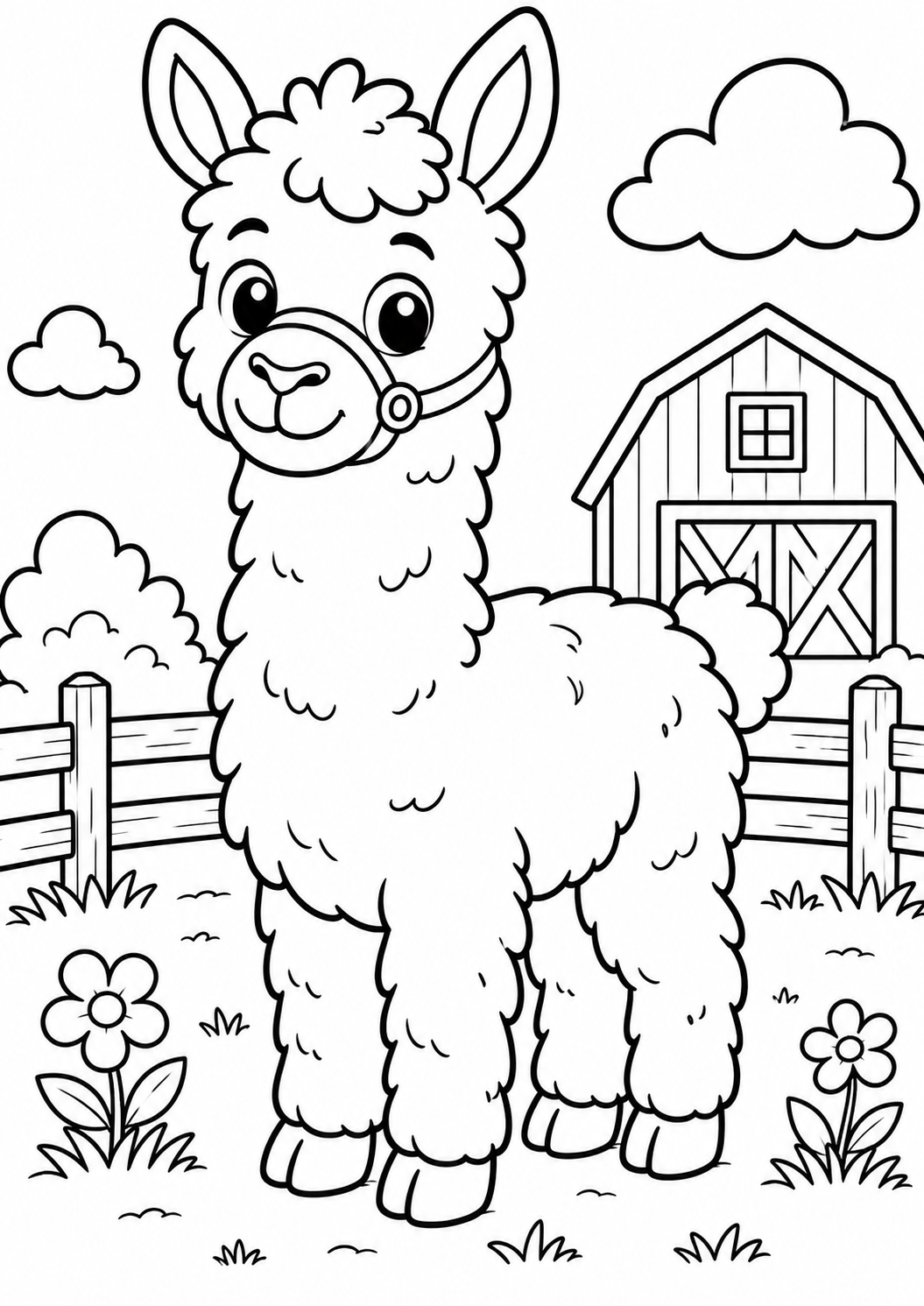 Gratis kleurplaat lama: Een schattige lama met een vrolijke krulharige kuif en een leidsel om staat op het erf, met een rode…