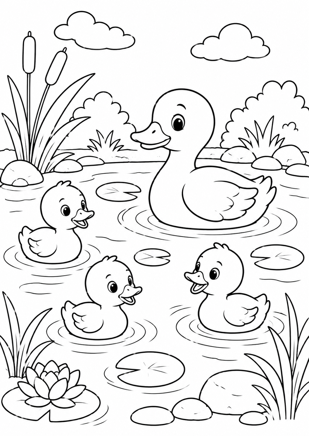 Kleurplaat Eendjes: Een moedereend zwemt met haar drie kleine eendjes over de vijver, tussen lelieblaadjes, een lotusbloem…