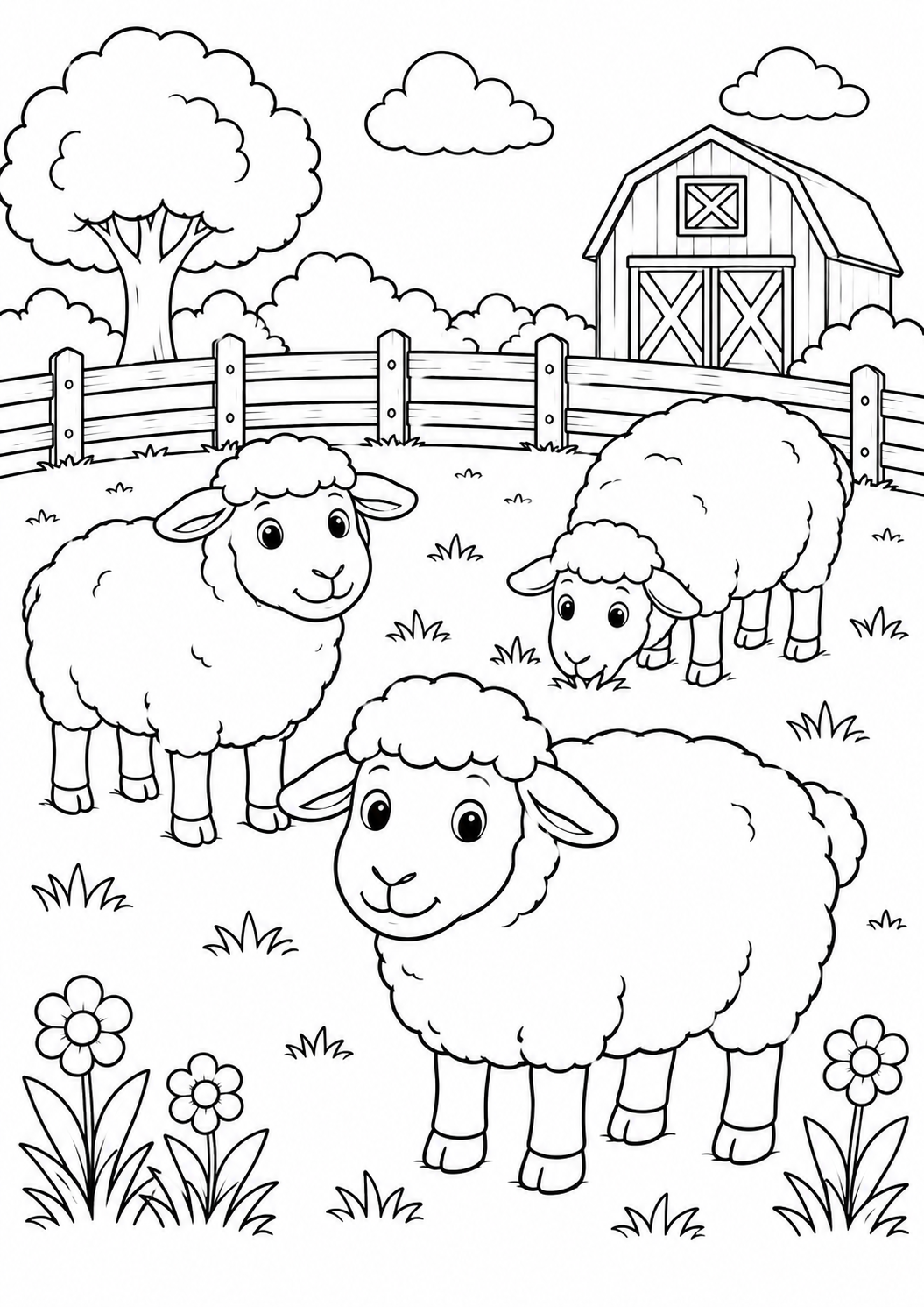Kleurplaat van schapen in de wei bij de boerderij