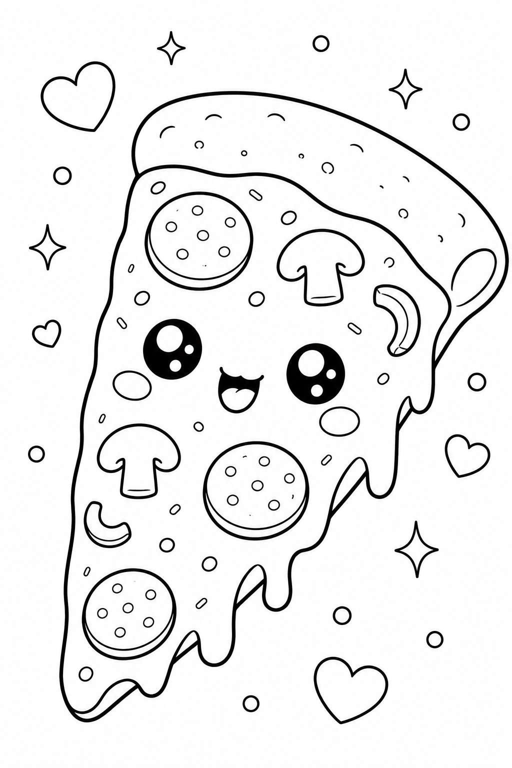 Kleurplaat van een kawaii pizzapunt