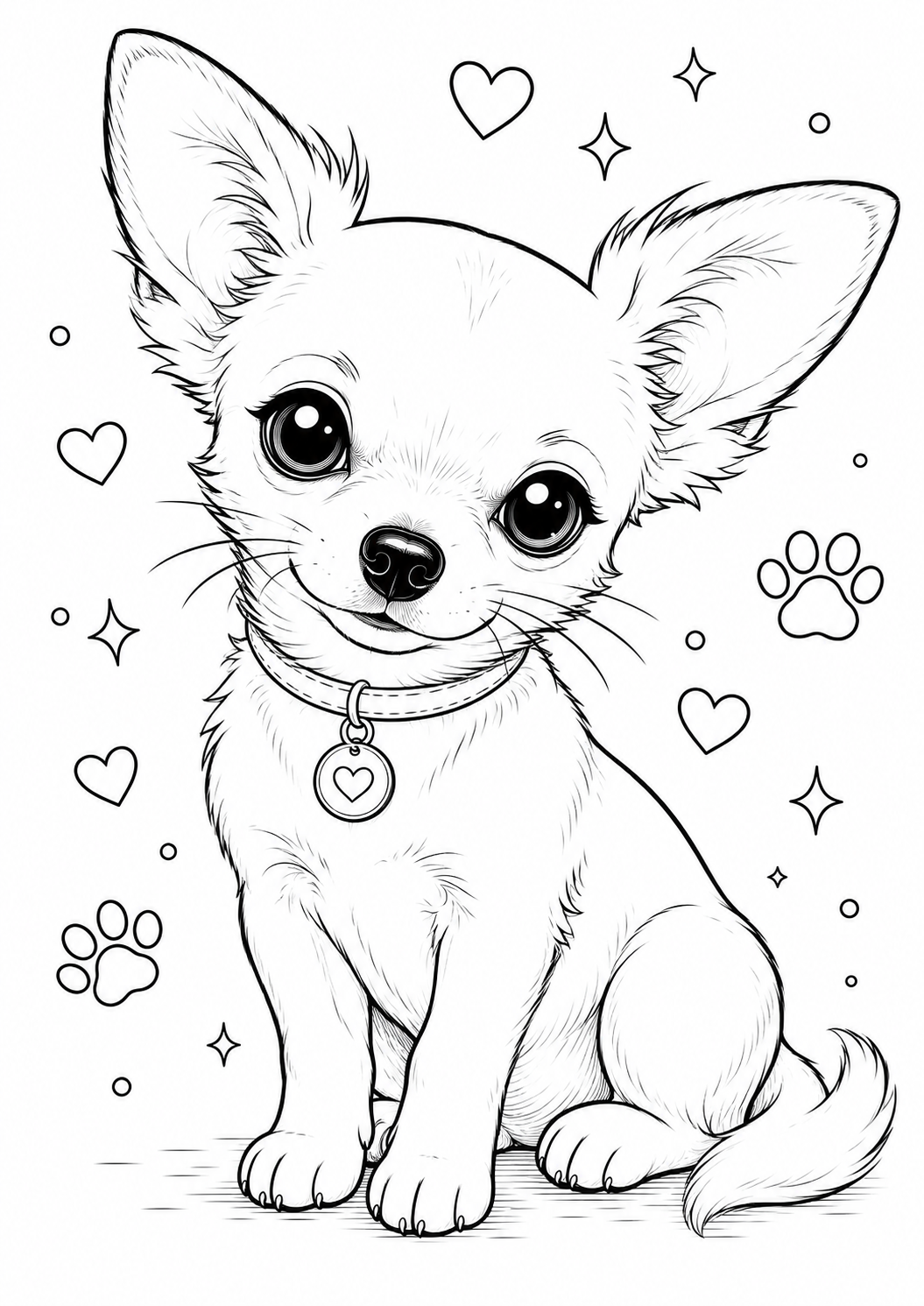Gratis kleurplaat chihuahua: Een lief chihuahuahondje met opvallend grote oren en grote glinsterende ogen zit braaf te…