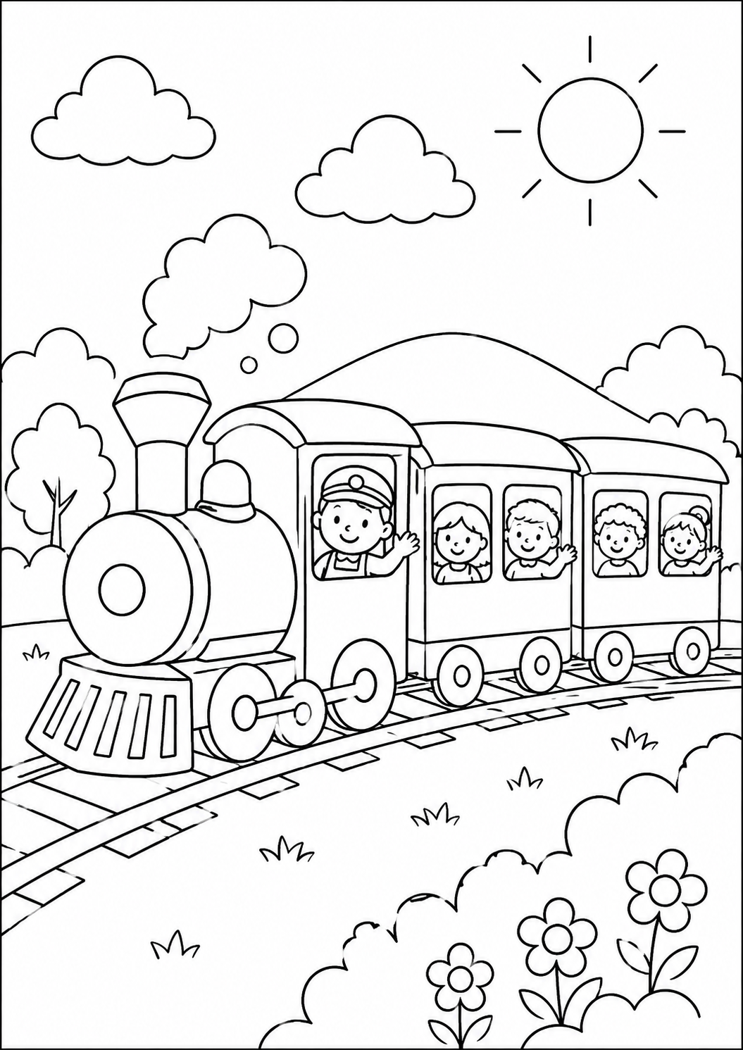 Kleurplaat van een trein vol zwaaiende kinderen
