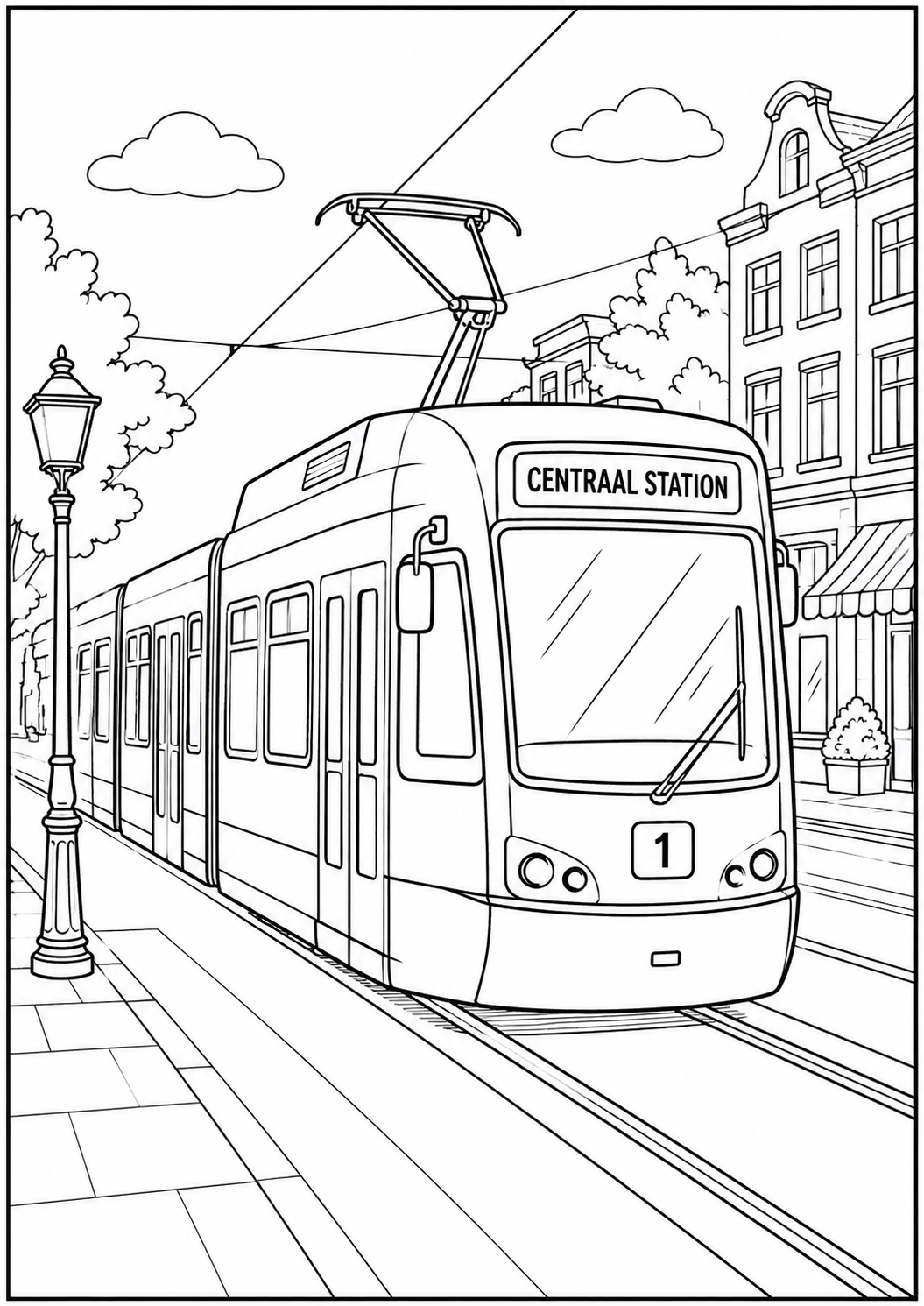Kleurplaat van tram: Een moderne tram met lijn 1 richting 'Centraal Station' rijdt door een gezellige stadsstraat, met…