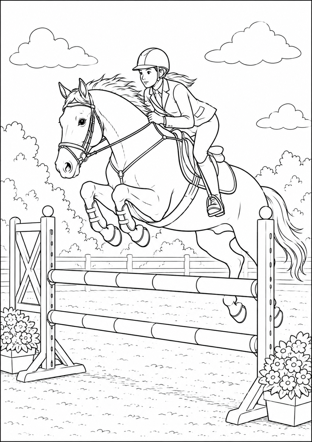 Kleurplaat Paard balk. Een amazone met rijhelm en jasje springt hoog over een springbalk versierd met bloembakken, terwijl…