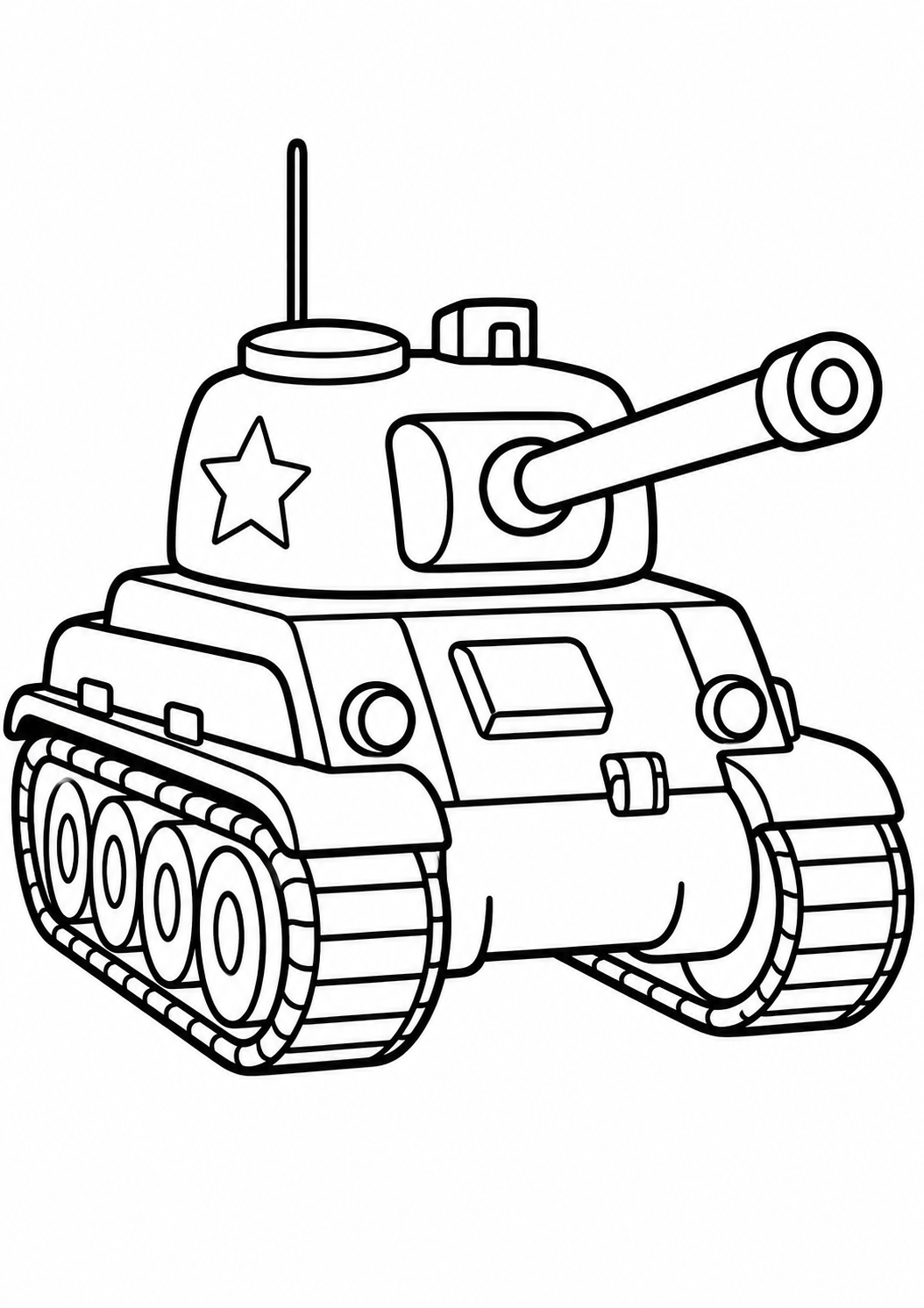 Kleurplaat Tank — Een stoere speelgoedachtige tank met een ster op de koepeltoren en een lange loop rijdt op brede…