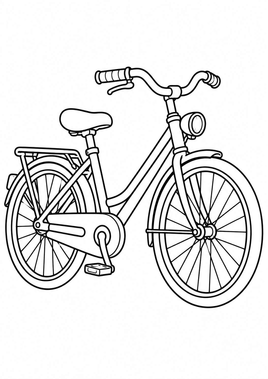 Kleurplaat Fiets: Een klassieke Hollandse fiets met een bagagedrager achterop en een koplampje voorop staat stevig op de…