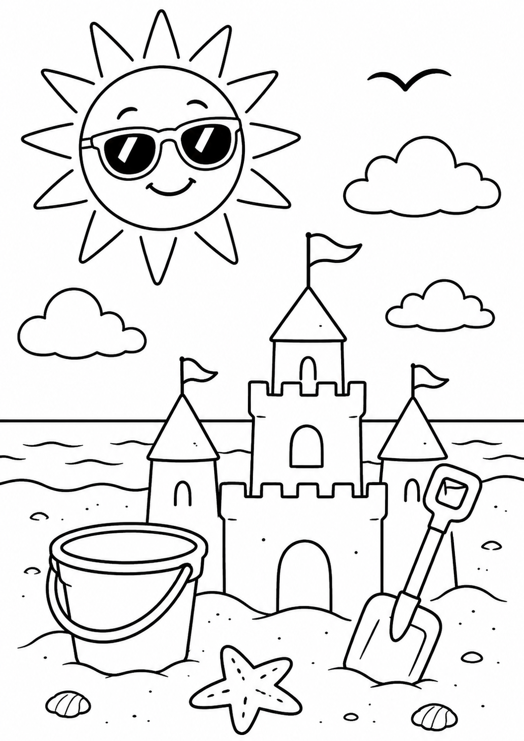 Gratis kleurplaat zomer zandkasteel: Een indrukwekkend zandkasteel met drie torentjes en vlaggetjes staat te pronken op het…