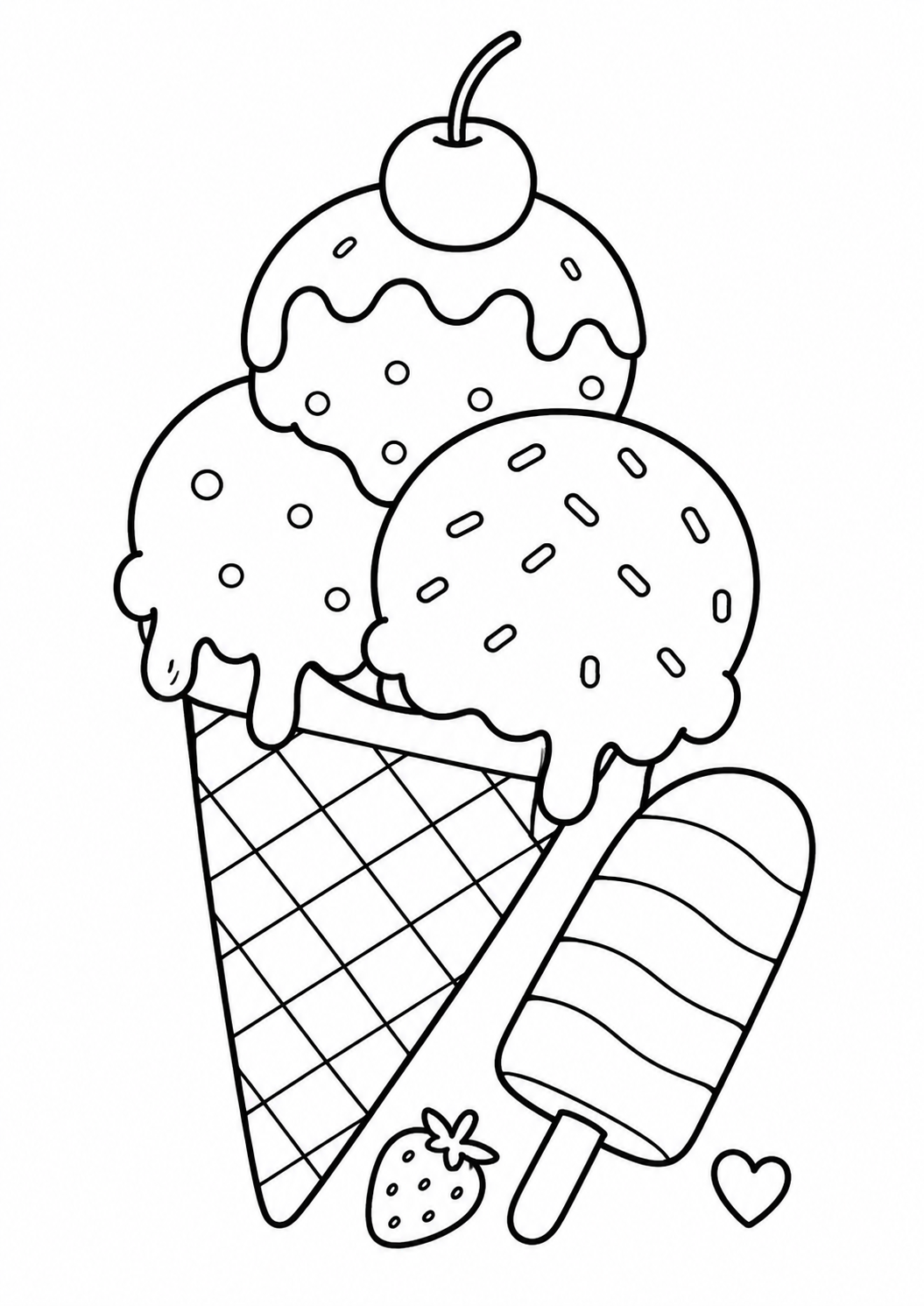 Kleurplaat Zomer ijsjes. Twee heerlijke ijsjes met sprinkels torenen op hun wafelhoorntjes naast een gestreept ijslolly'tje…