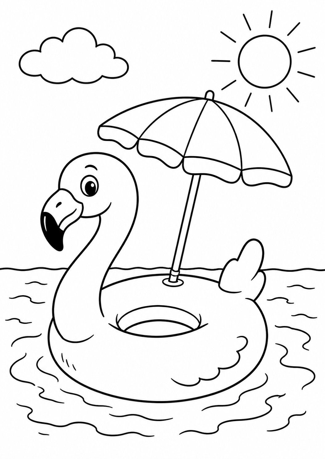 Kleurplaat Flamingo zwembad: Een grote opblaasbare flamingo drijft loom op het water, met een parasol die precies in het gat…