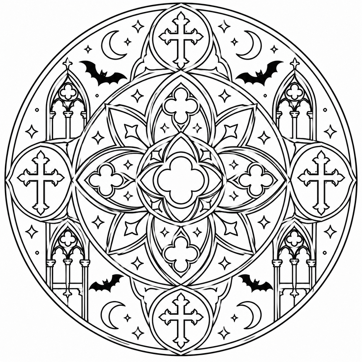 Kleurplaat van een gotische mandala