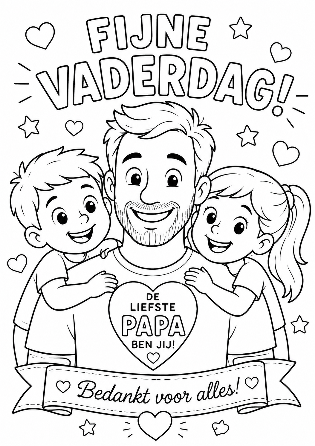 Kleurplaat van vaderdag: Een vrolijke poster met 'Fijne Vaderdag!' in grote letters, waarop een lachende vader met zijn twee…