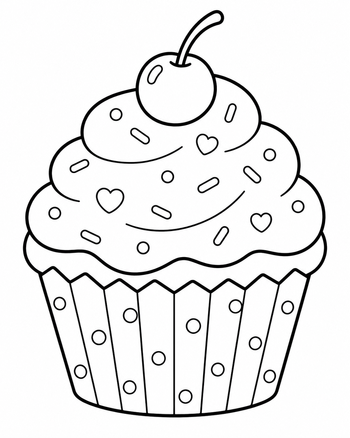 Kleurplaat Cupcake: Een weelderige cupcake met een hoge swirl slagroom, overal hartjes en sprinkels en een kers helemaal…