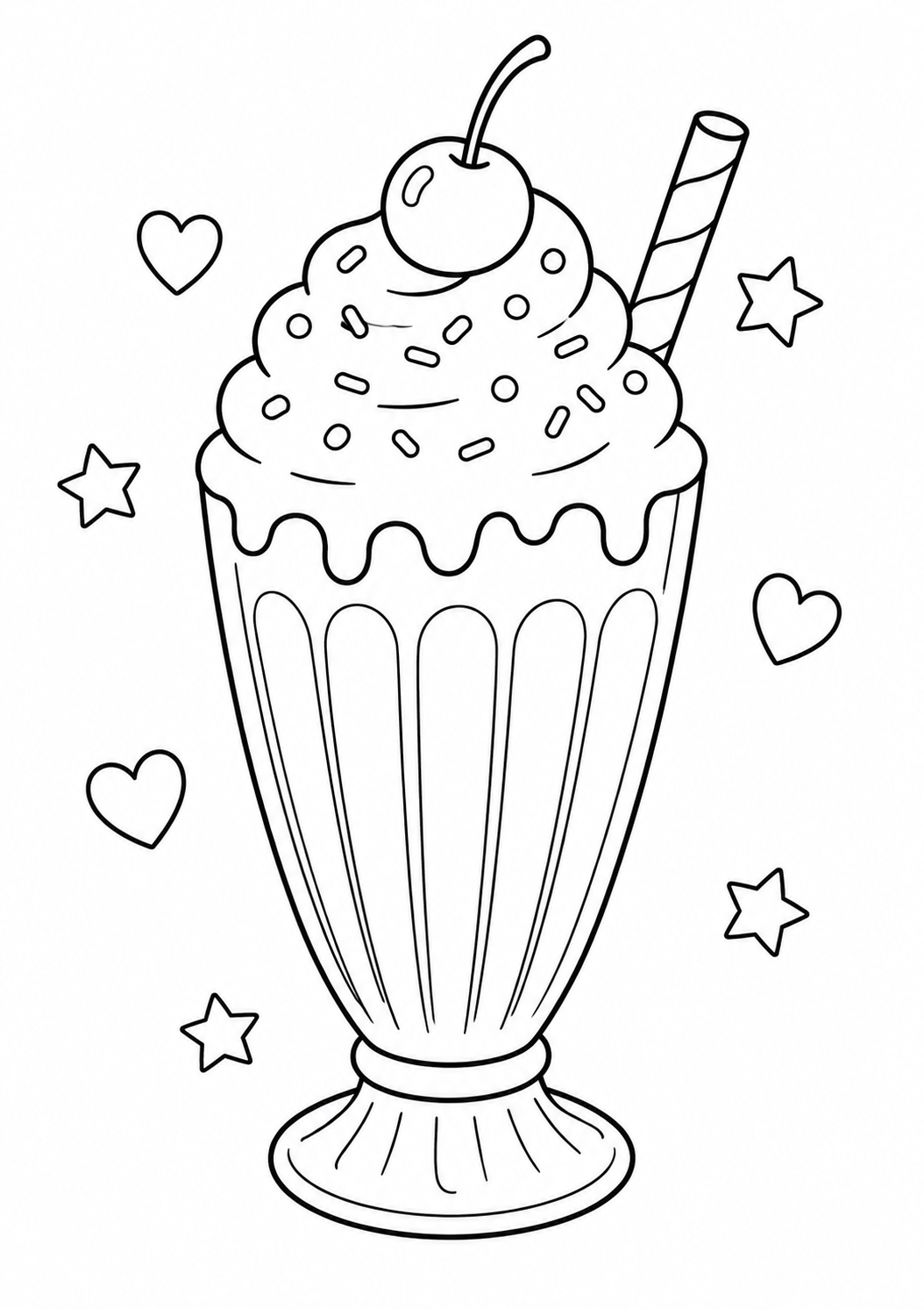 Kleurplaat Milkshake — Een dikke milkshake met een flinke toef slagroom, kleurige sprinkels en een kers op top staat te…