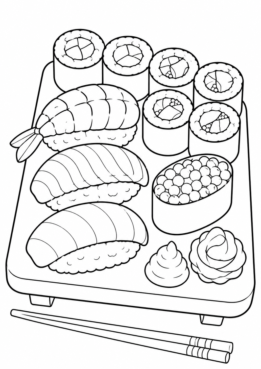 Kleurplaat Sushi. Een compleet sushibord vol lekkernijen: nigiri met garnaal en zalm, maki-rolletjes met sesamzaadjes, een…