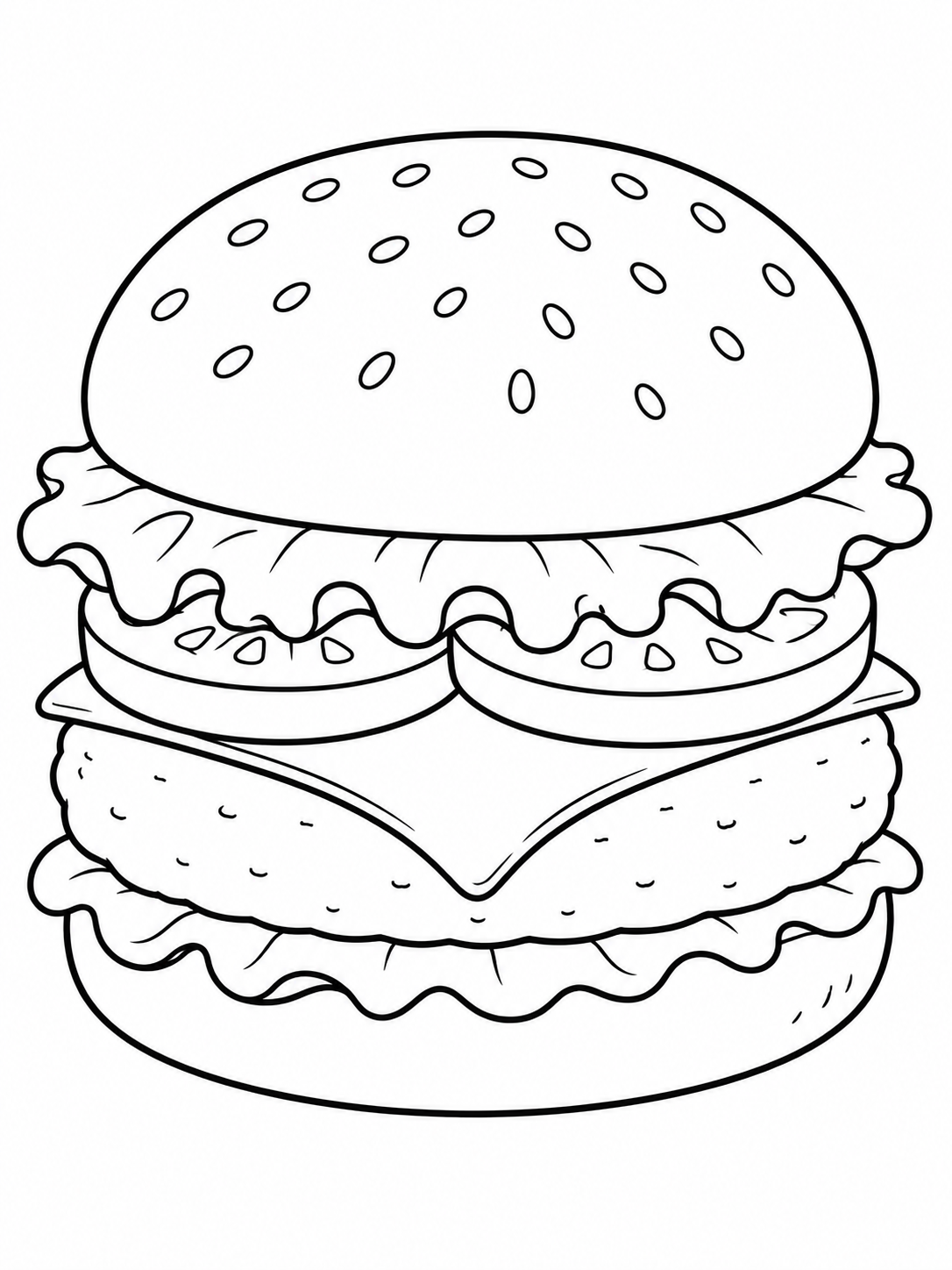 Kleurplaat van broodje hamburger: Een dikke, smakelijke hamburger met een sesambroodje, krullende slablaadjes, plakken…