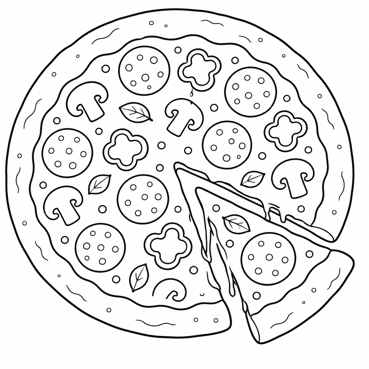 Kleurplaat Pizza: Een heerlijke pizza met plakjes pepperoni, champignons, paprikabloemetjes en verse basilicumblaadjes ligt…