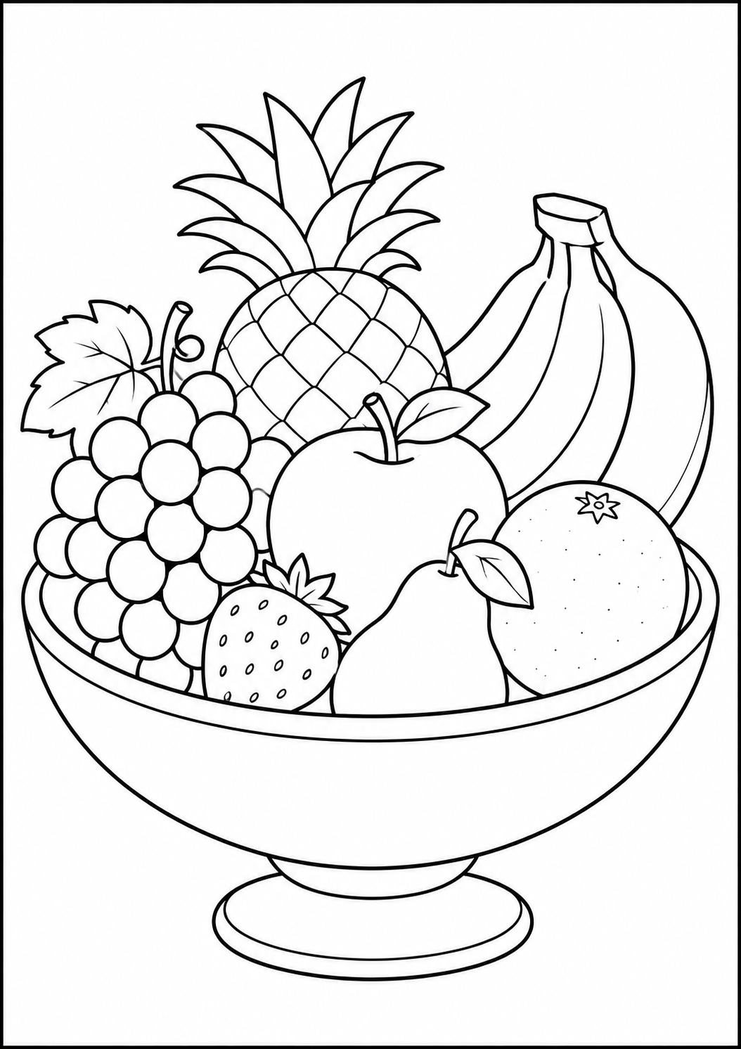 Kleurplaat van een fruitschaal met ananas, bananen en druiven