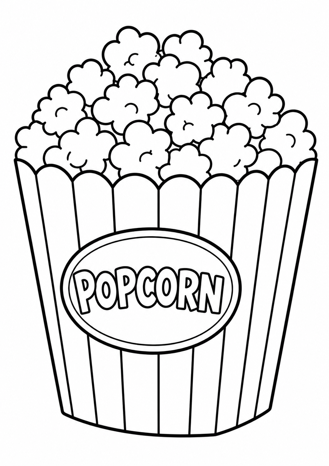 Gratis kleurplaat popcorn: Een grote beker popcorn puilt uit met tientallen wolkige popcornbolletjes, elk met een eigen…