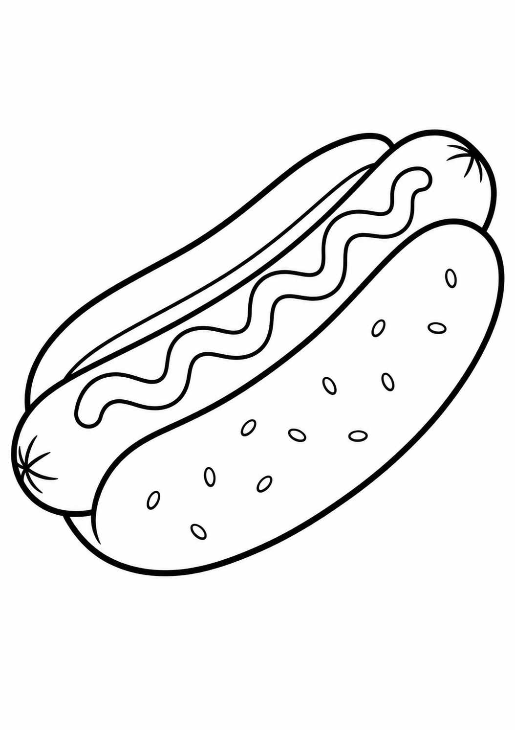 Kleurplaat van een hotdog met mosterd en sesamzaadjes