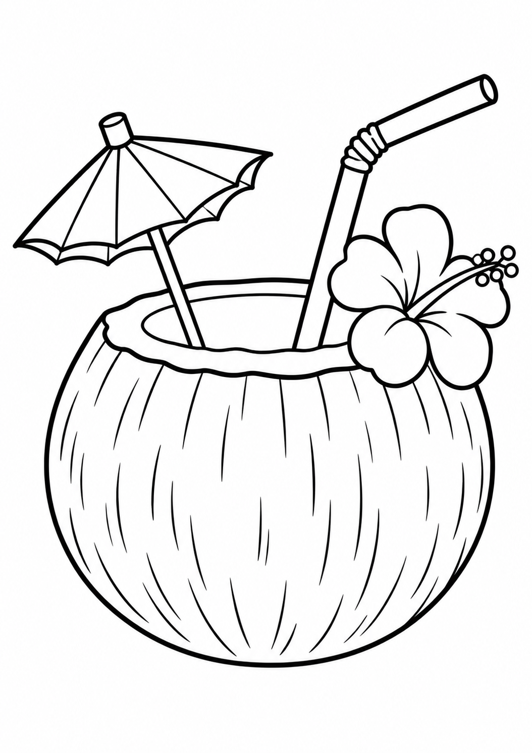 Kleurplaat van een kokosdrankje met parasolletje en hibiscus