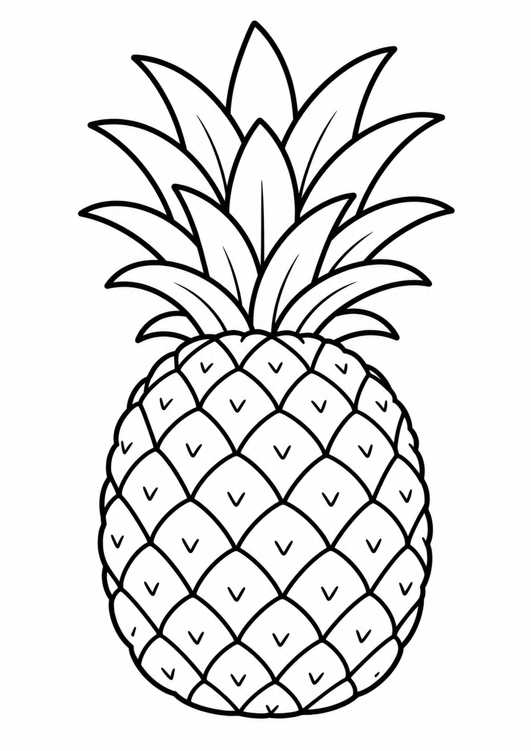 Kleurplaat Ananas: Een sappige ananas met een kenmerkend ruitjespatroon over de hele schil en een bos stekelige bladeren…