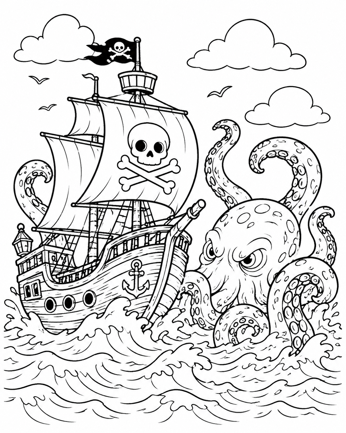 Kleurplaat Piratenboot met zeemonster. Een indrukwekkend piratenschip met een doodskopvlag en een groot zeil vol…