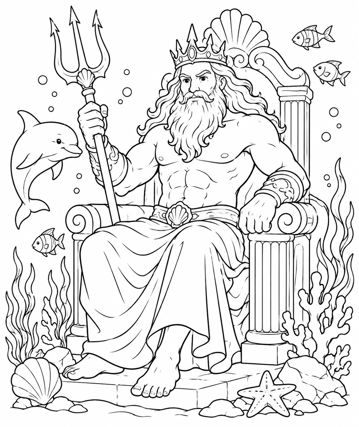 Kleurplaat Neptunus — Neptunus, de machtige god van de zee, torent op met zijn kenmerkende drietand, een golvende baard en…
