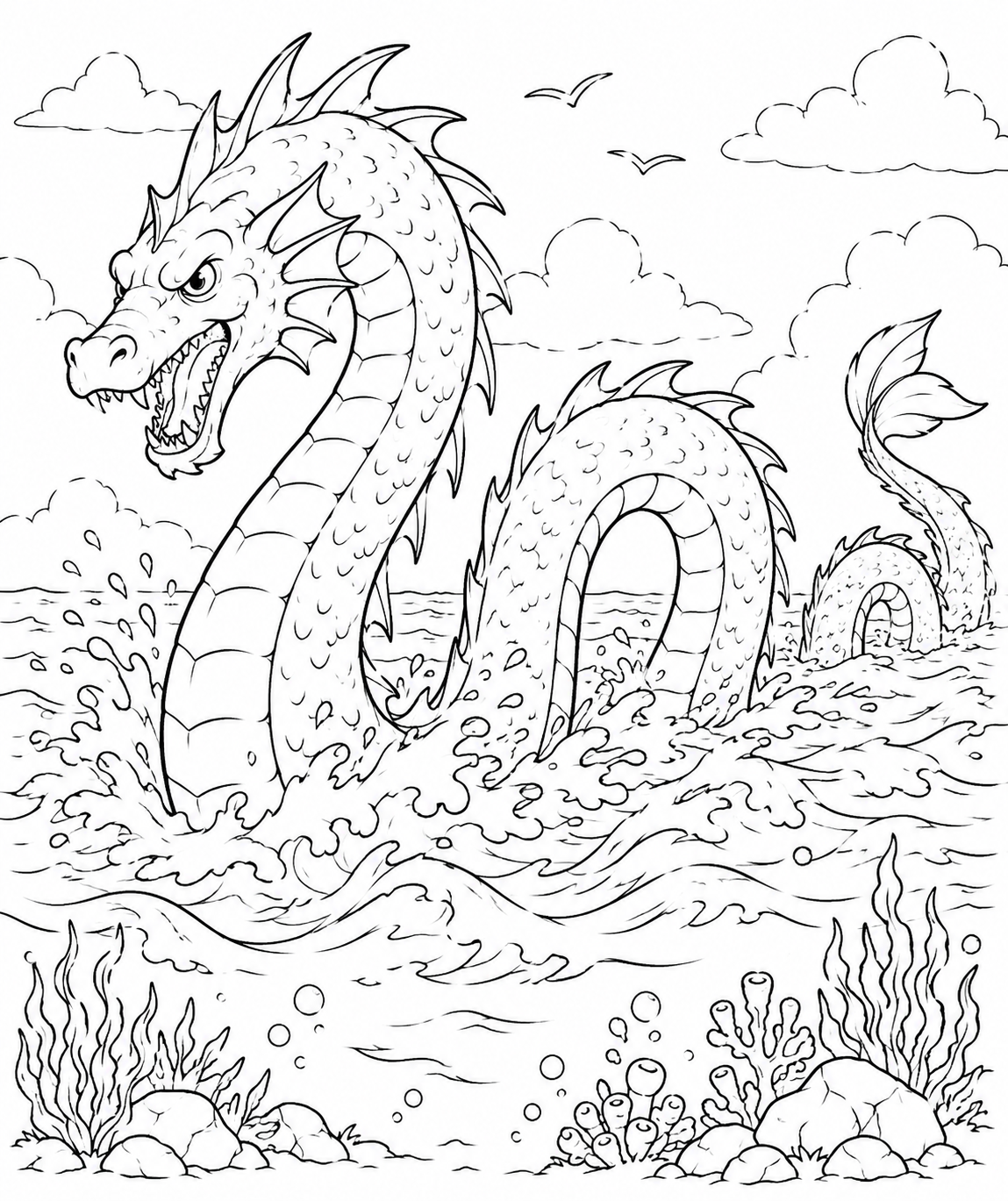 Kleurplaat van een zeemonster in zee