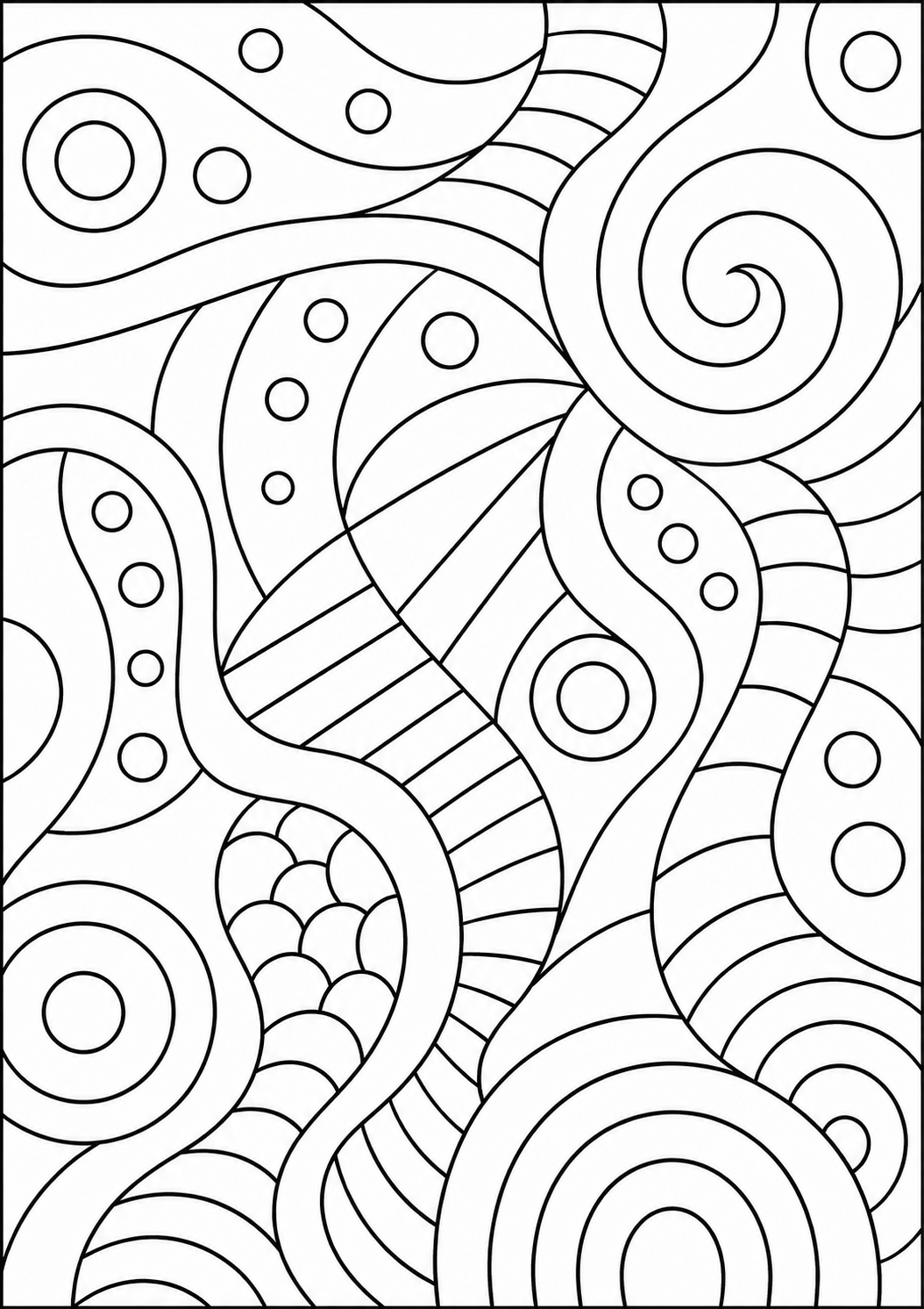 Kleurplaat van abstract: Een dicht patroon van cirkels, stippen, golvende lijnen en een grote spiraal vult het hele vlak…