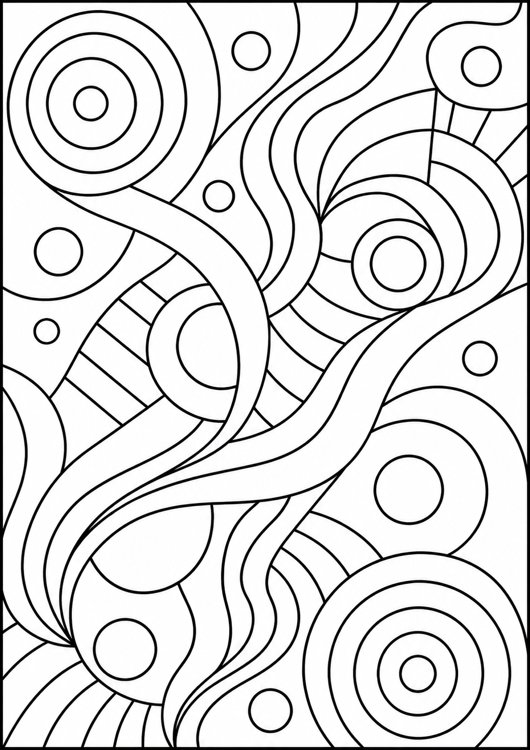 Kleurplaat Abstract: Een rijke compositie van concentrische cirkels, golvende linten en gestreepte vlakken vult het hele…