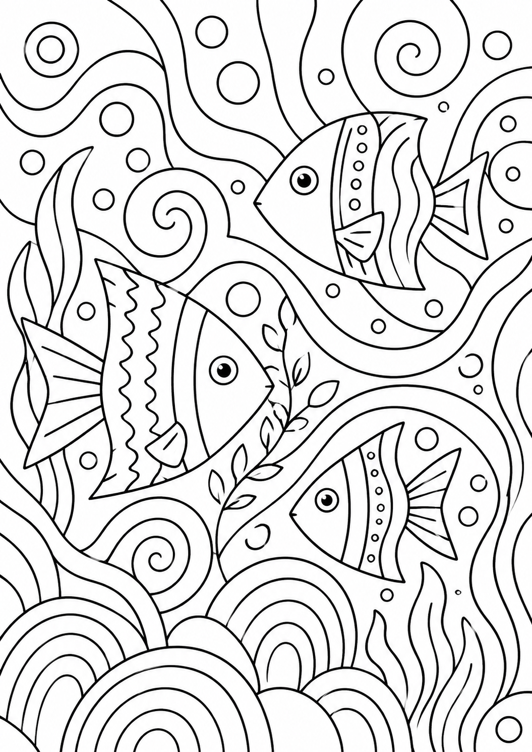 Gratis kleurplaat abstract vis thema: Drie sierlijk gestileerde vissen zwemmen tussen krullende golven en spiraalpatronen…
