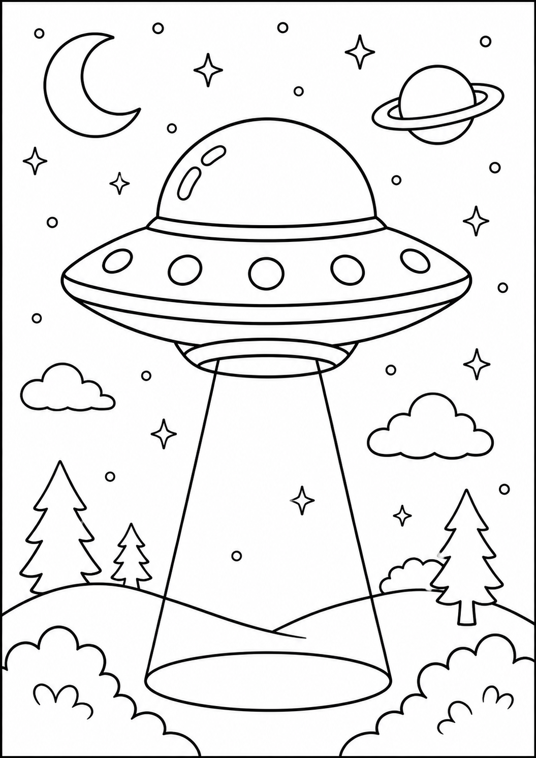 Kleurplaat van UFO: Een mysterieuze ufo zweeft hoog in de lucht en laat een lichtstraal naar beneden schijnen boven een…
