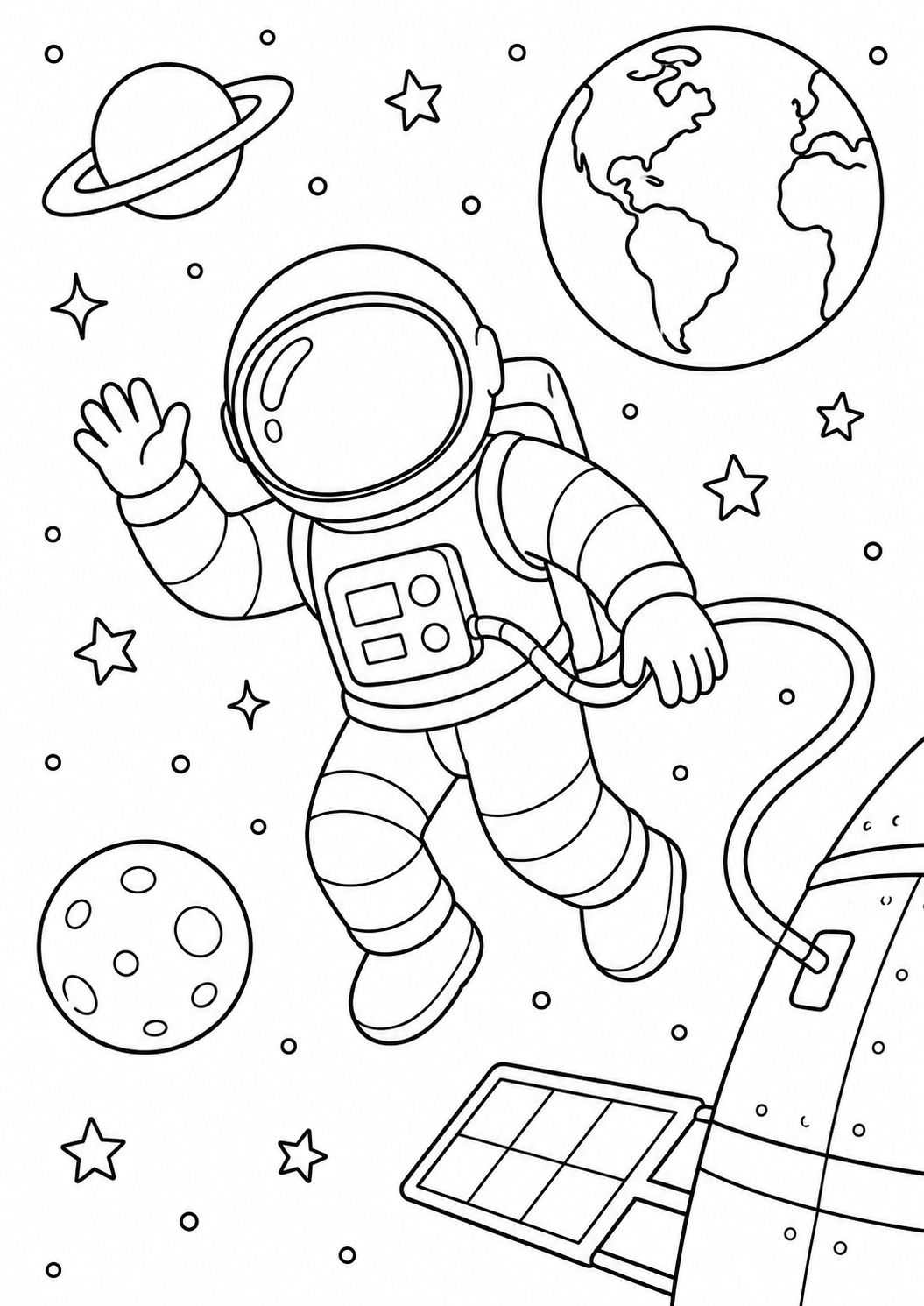 Kleurplaat van astronaut: Een astronaut zweeft vrolijk zwaaiend door de ruimte, verbonden met zijn ruimteschip via een lange…