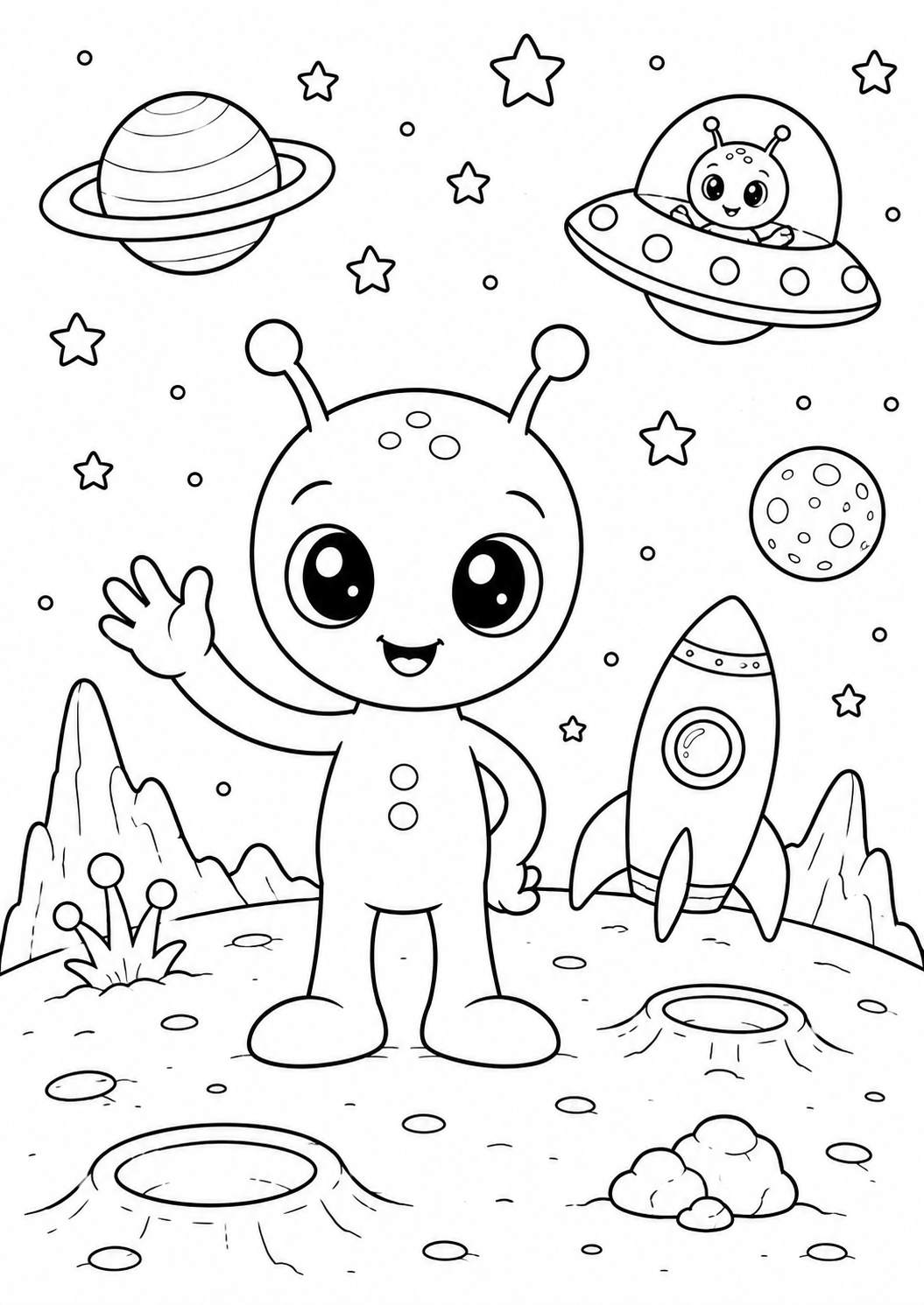 Kleurplaat van een vriendelijke alien met een ufo