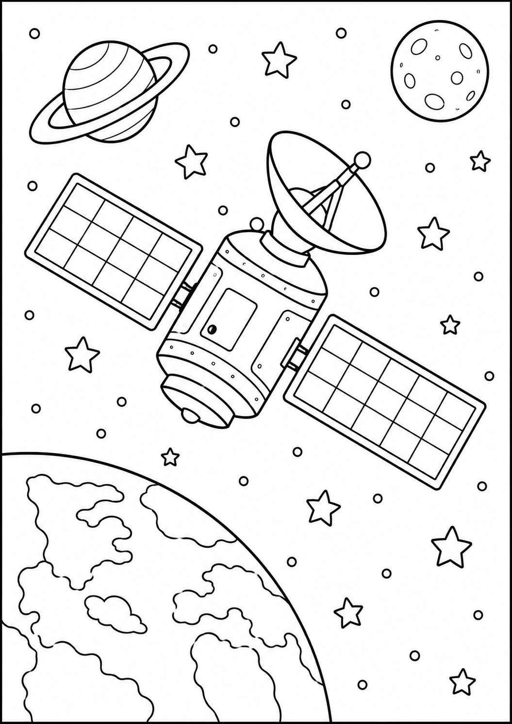 Kleurplaat van een satelliet in de ruimte