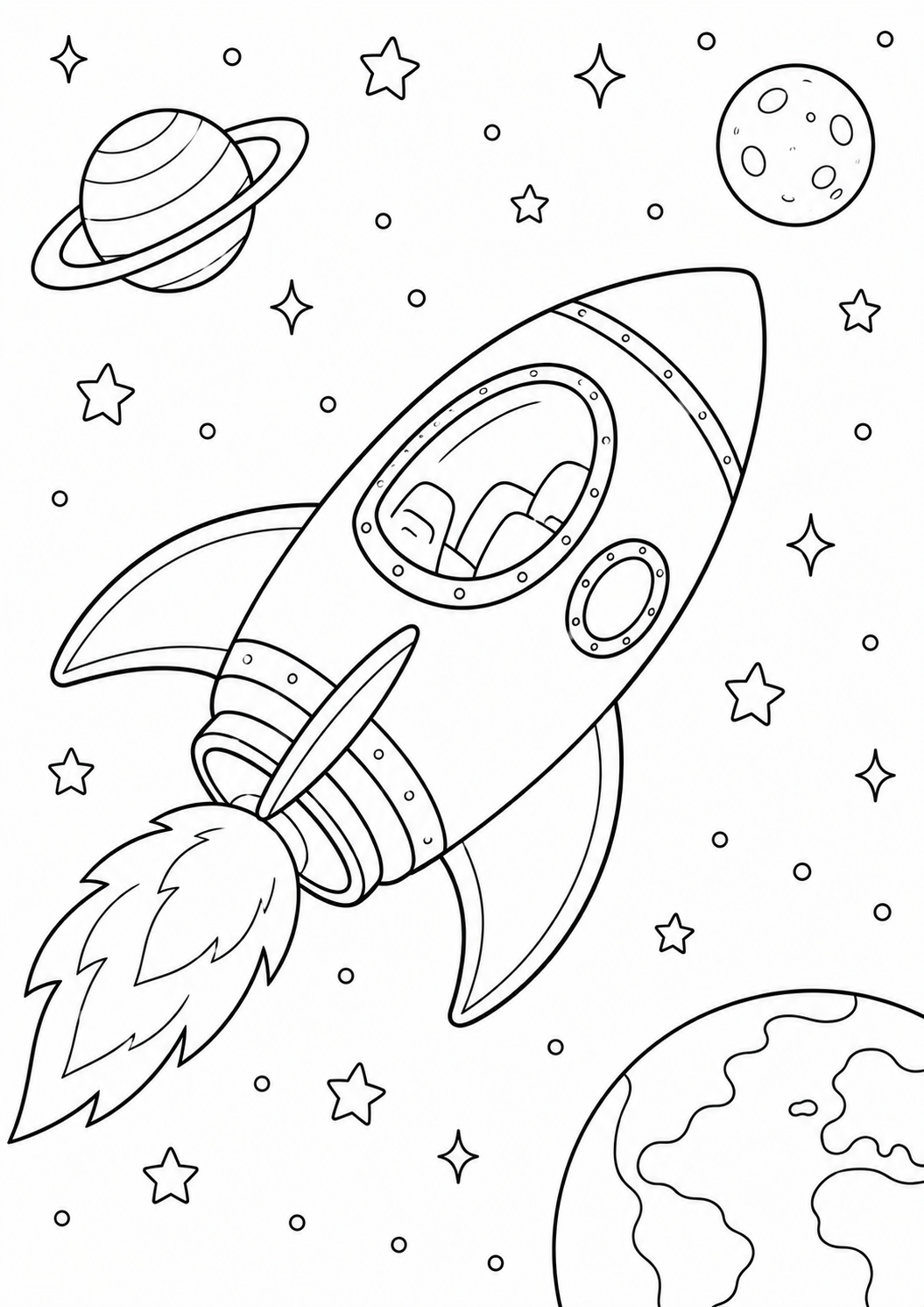 Kleurplaat van een raket met astronauten tussen sterren en planeten