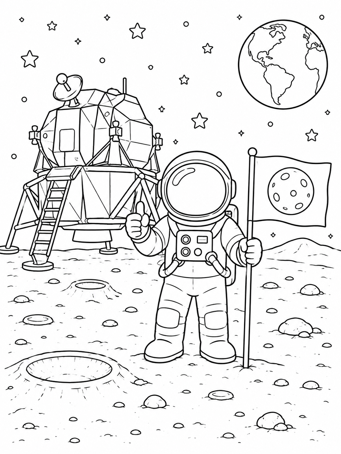 Kleurplaat Maanlanding. Een trotse astronaut steekt zijn duim op naast de maanlander, met een vlag met daarop een maantje in…