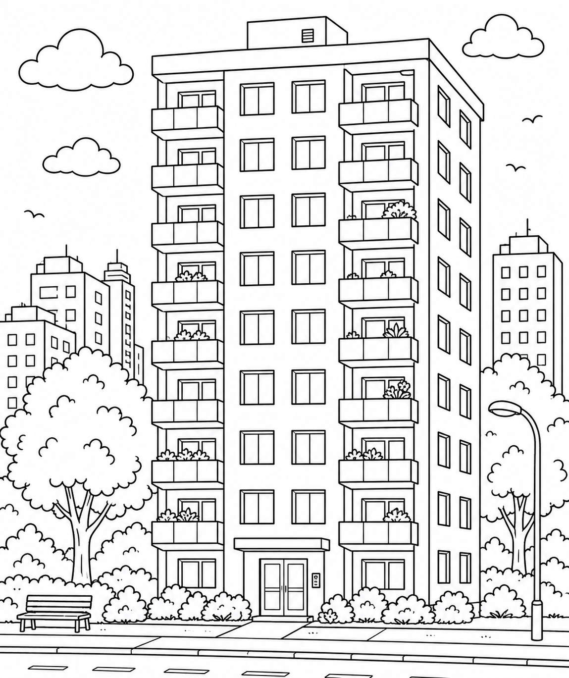 Kleurplaat van flatgebouw: Een hoog flatgebouw met tientallen balkons — sommige met plantenbakken — torent boven een straat…
