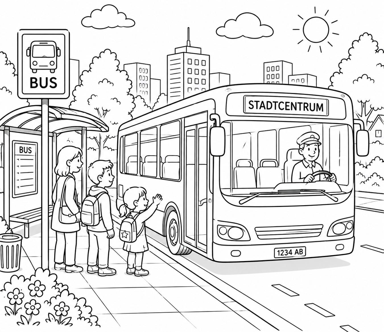 Kleurplaat van bus bij bushalte: Een moderne bus richting 'Stadtcentrum' stopt bij de bushalte, waar een moeder met twee…