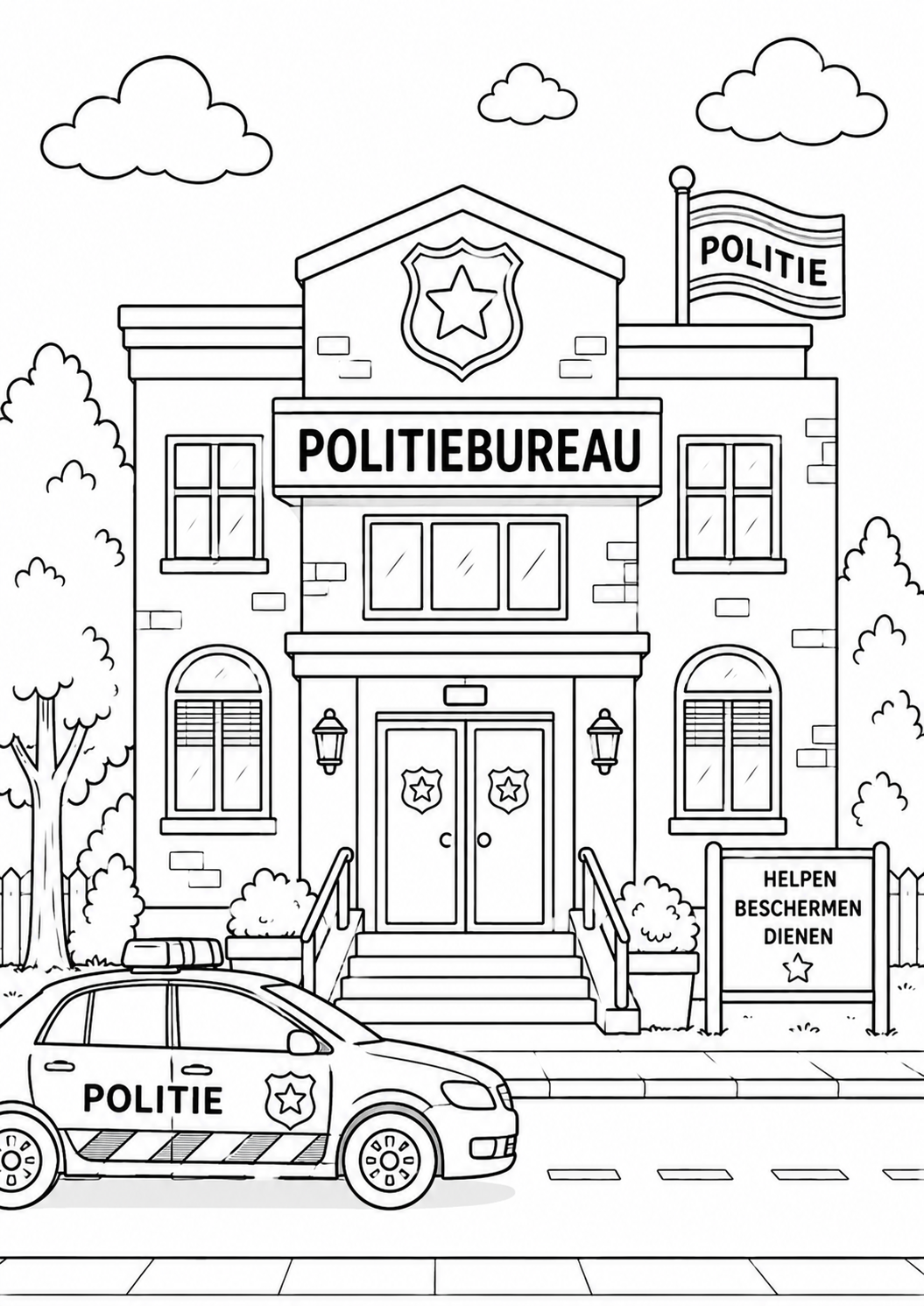 Kleurplaat Politiebureau: Een stevig politiebureau met een grote ster in het wapenschild op de gevel en een wapperende vlag…