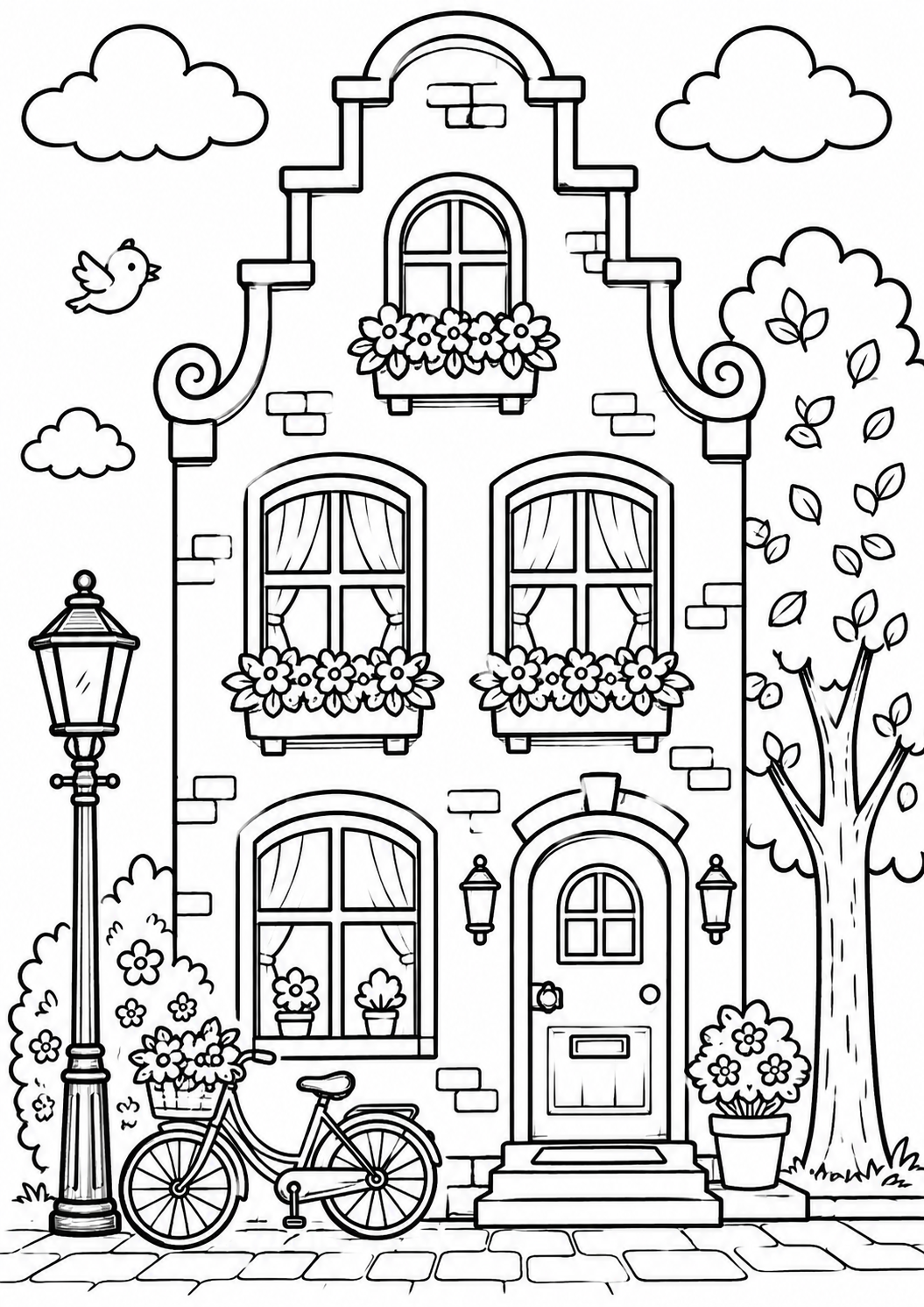 Kleurplaat Huis trapgevel — Een sfeervol oud Hollands huisje met een sierlijke trapgevel, bloembakken vol bloemen voor de…