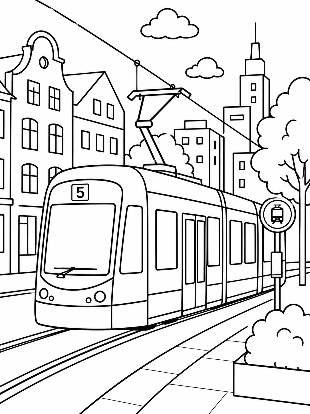 Kleurplaat van een tram in de stad